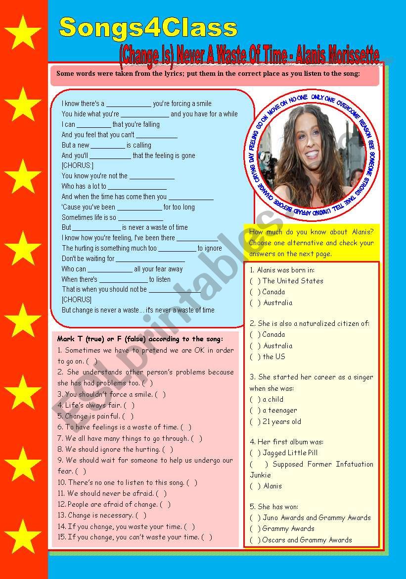 Songs4Class: (Change is) Never a waste of time  Alanis Morissette  reading comprehension, listening and grammar (relative pronouns) [4 tasks] ((2 pages)) ***editable
